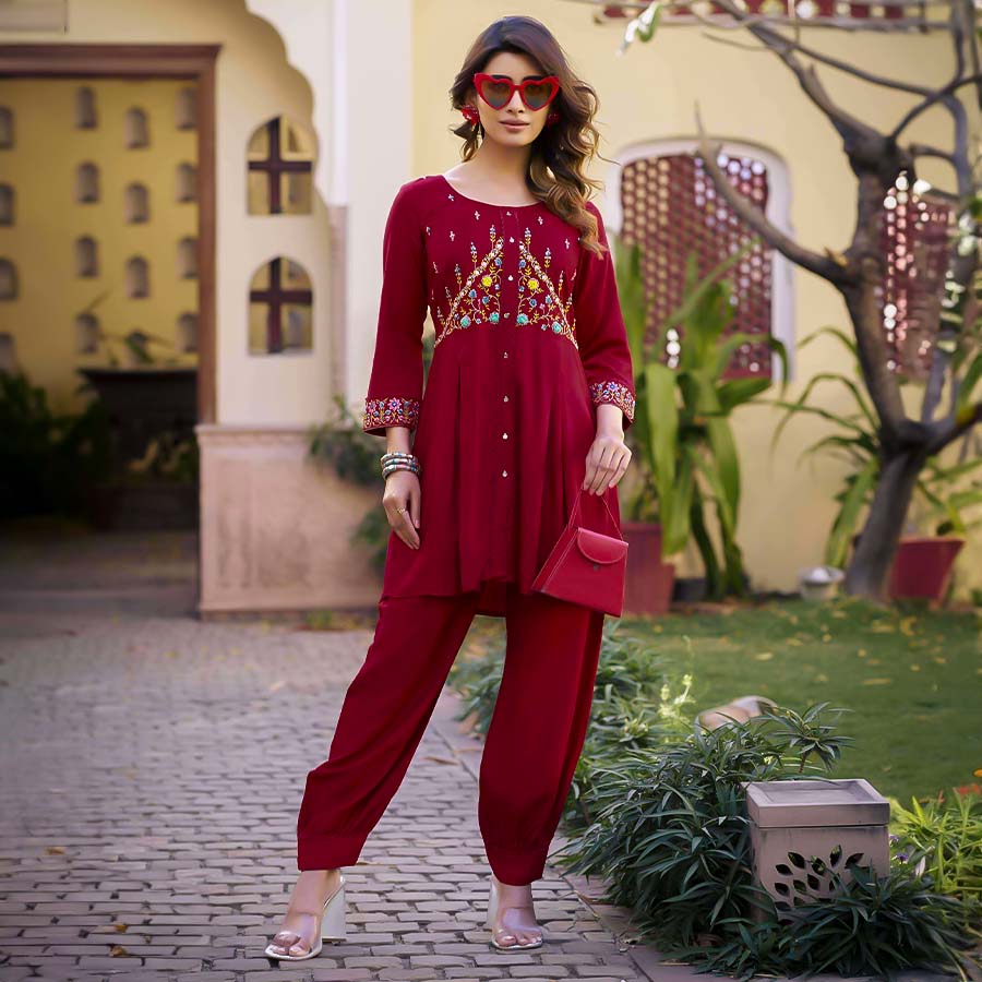 Red Viscose Rayon Casual Wear Kurti