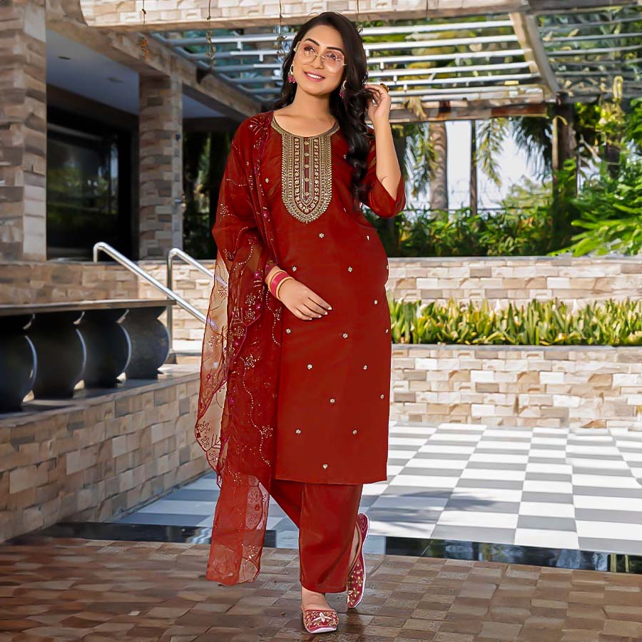 Red Roman Shimmer Casual Wear Salwar Kameez