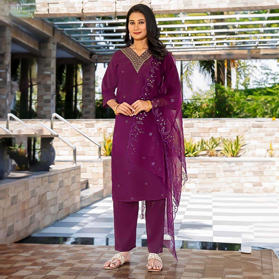 Purple Roman Shimmer Casual Wear Salwar Kameez