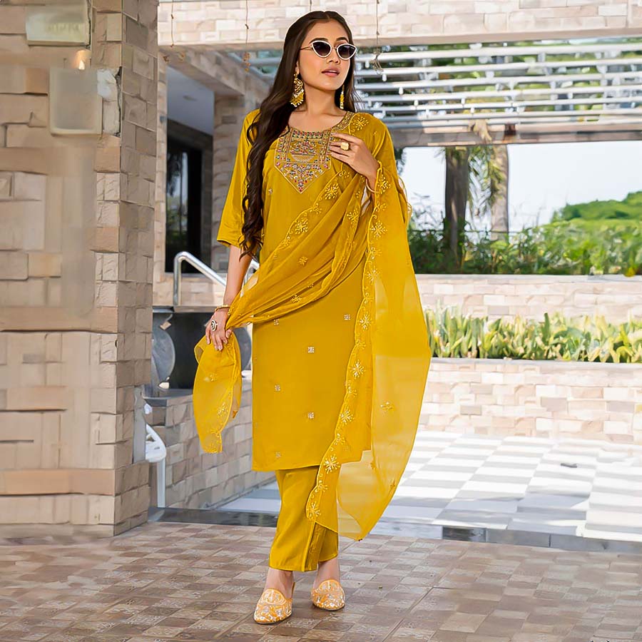 Yellow  Roman Shimmer Casual Wear Salwar Kameez