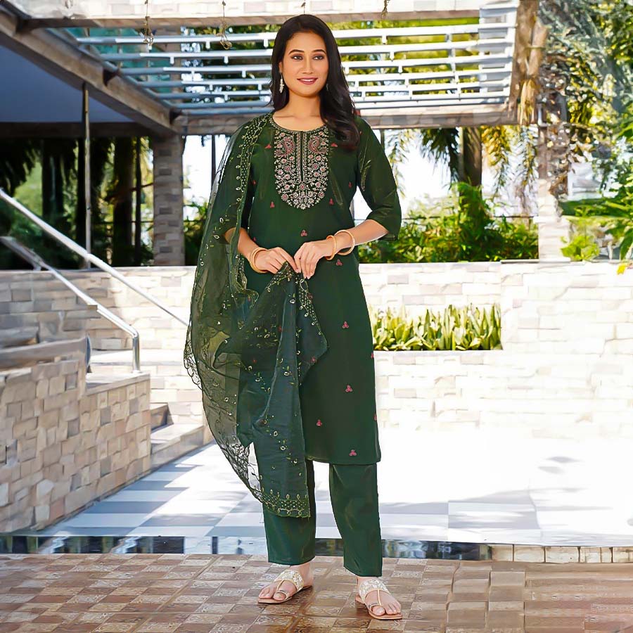 Green Roman Shimmer Casual Wear Salwar Kameez