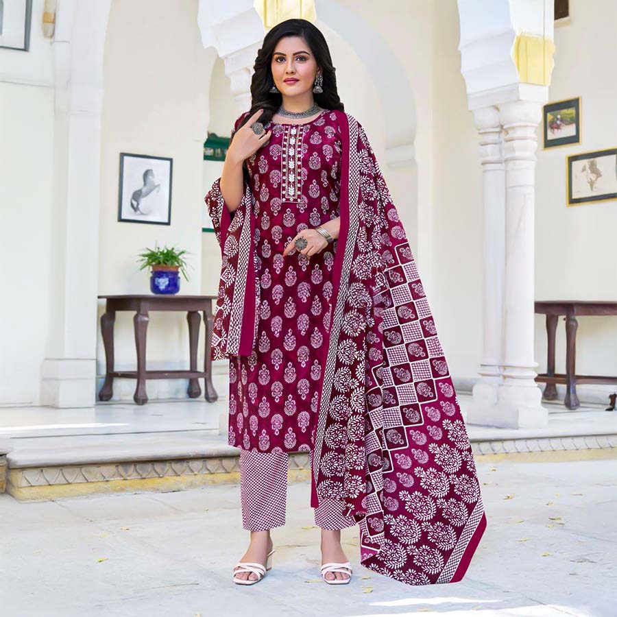 Magenta  Cambric Cotton Casual Wear Salwar Kameez