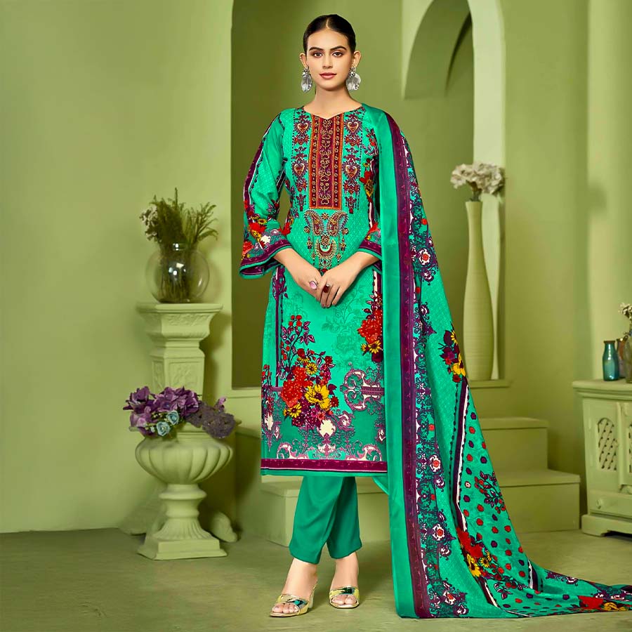 Green  Cotton Printed Salwar Kameez