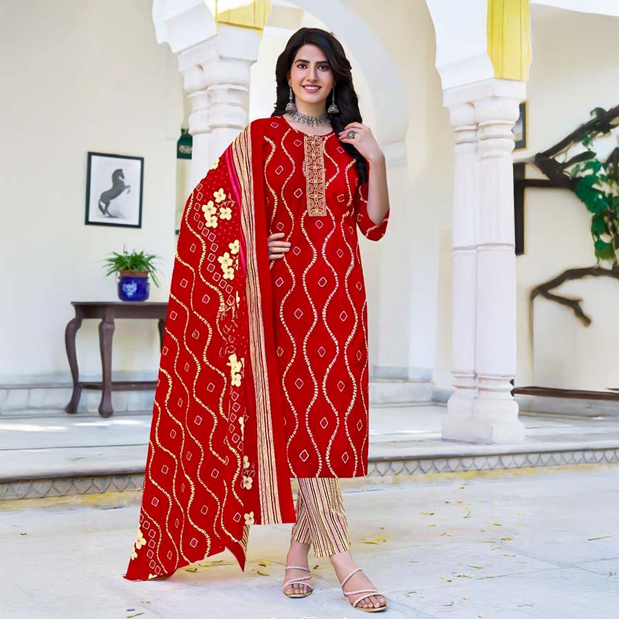 Red  Cambric Cotton Casual Wear Salwar Kameez