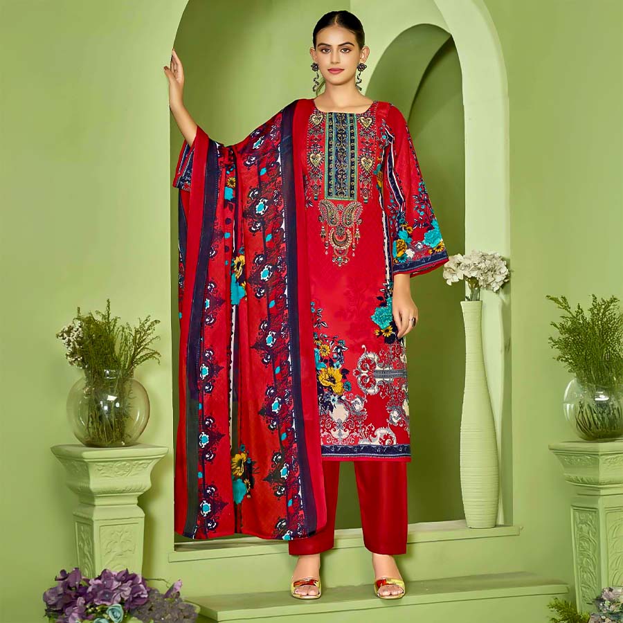 Red  Cotton Printed Salwar Kameez