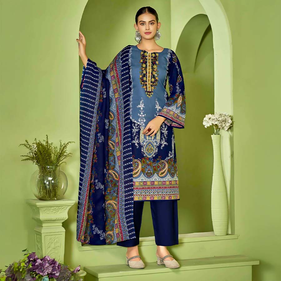 Blue Cotton Printed Salwar Kameez