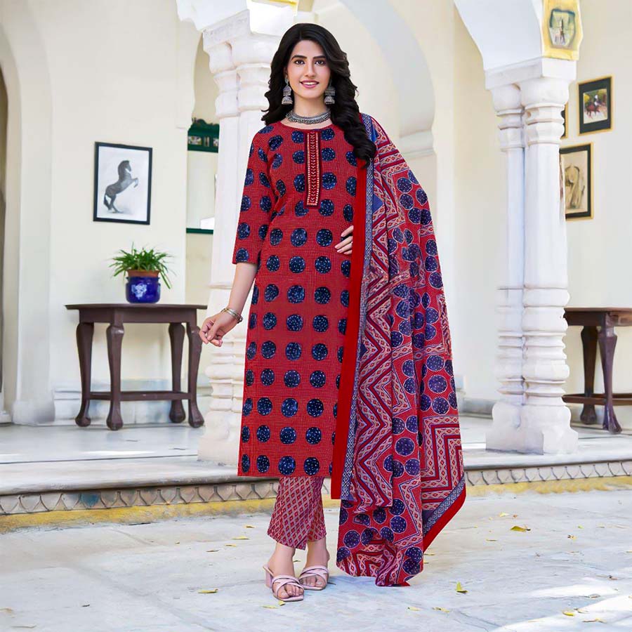 Red  Cambric Cotton Casual Wear Salwar Kameez