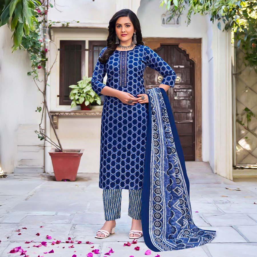 Blue Cambric Cotton Casual Wear Salwar Kameez
