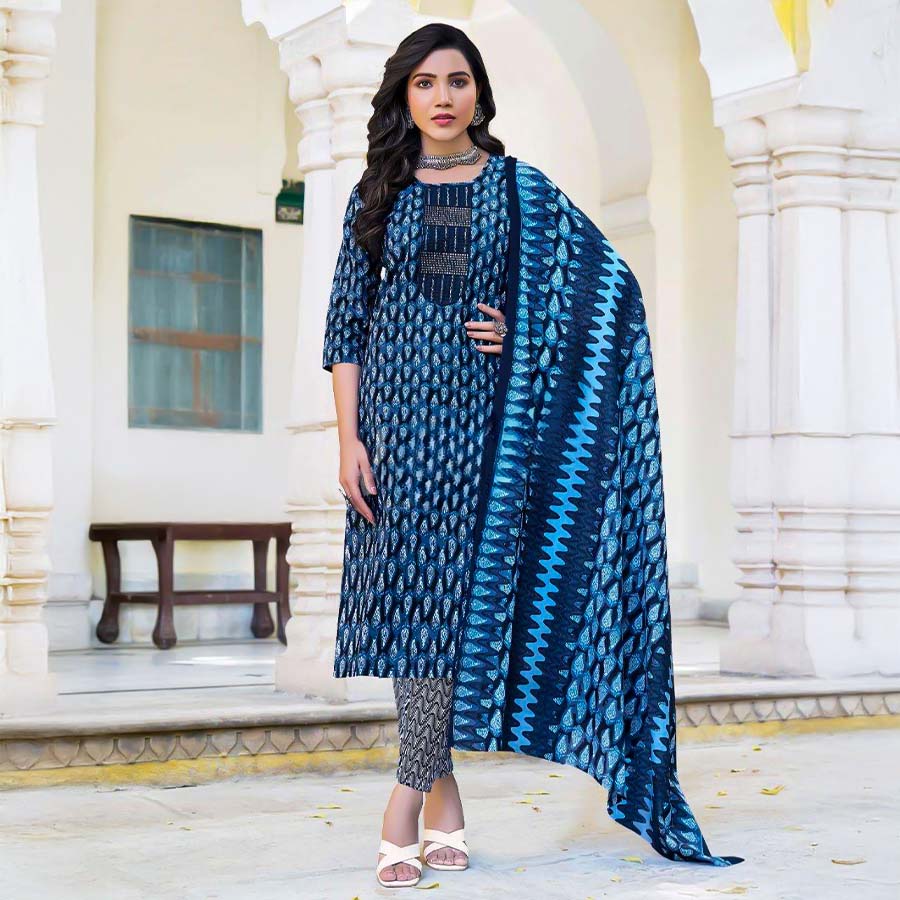 Blue Cambric Cotton Casual Wear Salwar Kameez