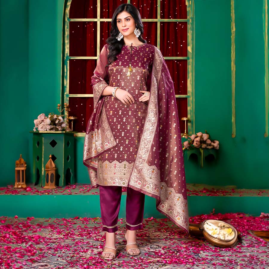 Magenta  Silk Jacquard Casual Wear Salwar Kameez