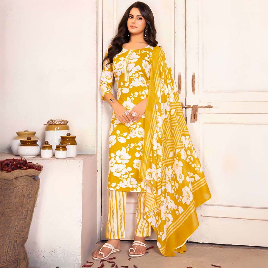 Yellow  Cotton Casual Wear Salwar Kameez