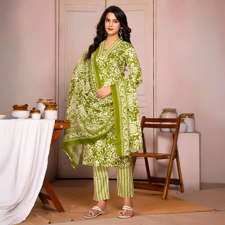 Green  Cotton Casual Wear Salwar Kameez