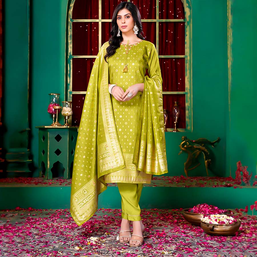 Green Silk Jacquard Casual Wear Salwar Kameez