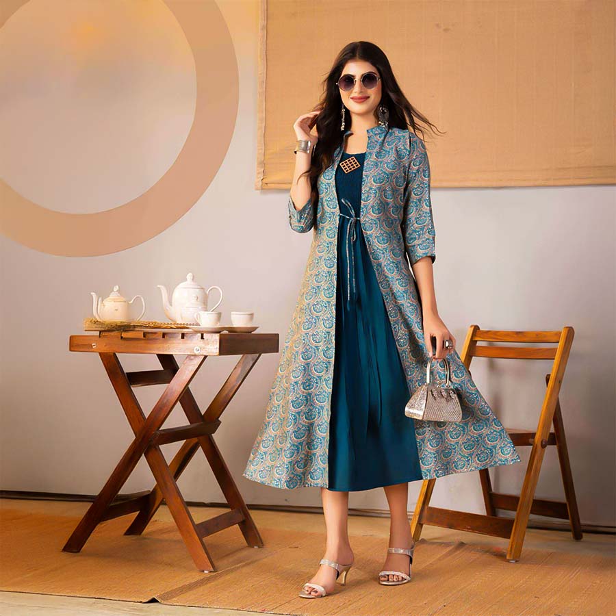 Blue  Chanderi Modal Printed Kurti