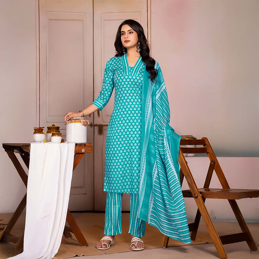 Blue  Cotton Casual Wear Salwar Kameez