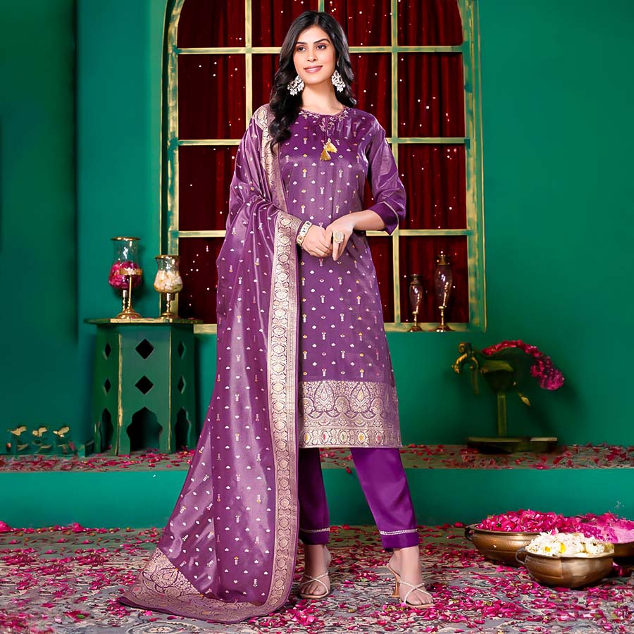 Violet Silk Jacquard Casual Wear Salwar Kameez