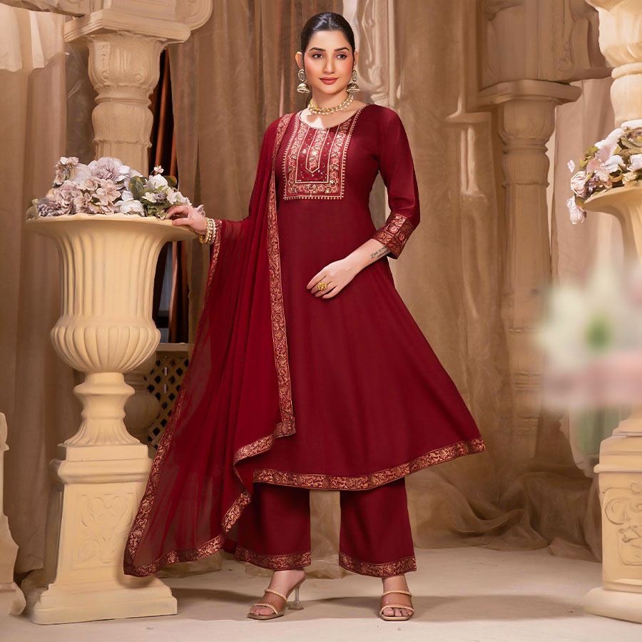 Red Rayon Casual Wear Salwar Kameez
