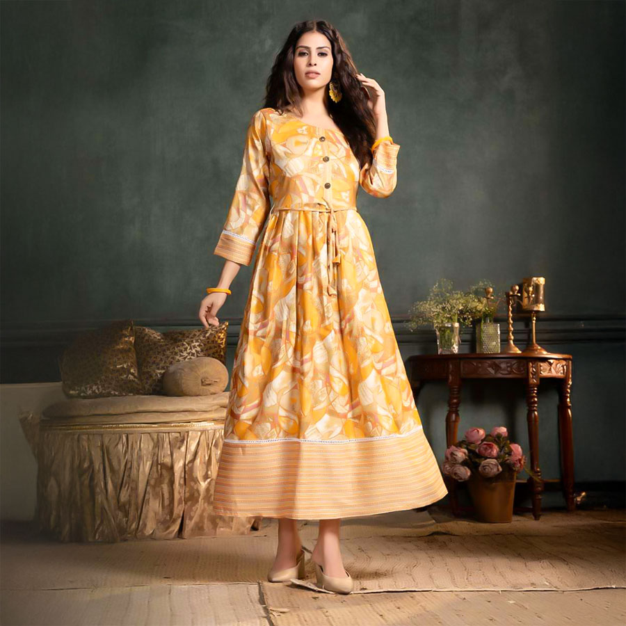 Yellow  Capsule Print Casual Wear Kurti