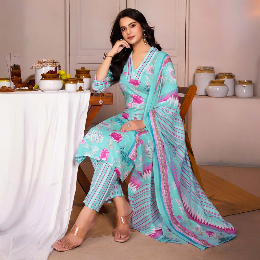 Blue  Cotton Casual Wear Salwar Kameez