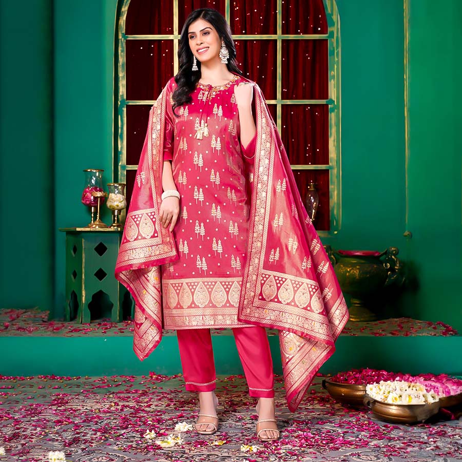 Red Silk Jacquard Casual Wear Salwar Kameez