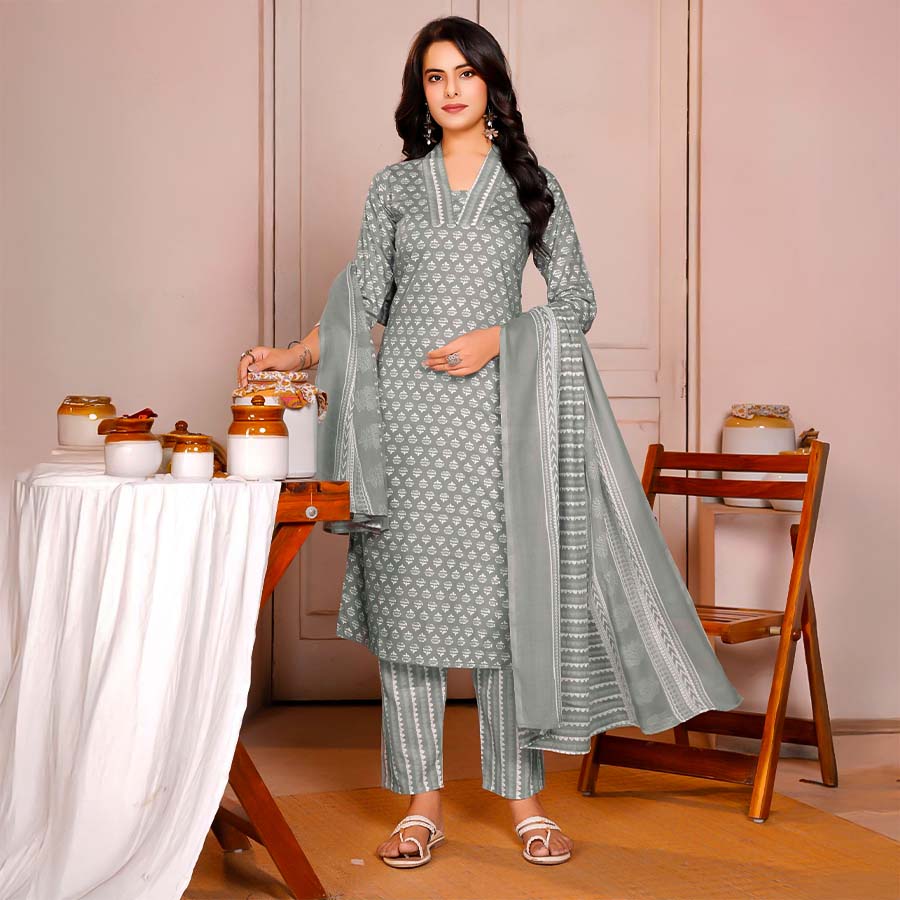 Grey  Cotton Casual Wear Salwar Kameez
