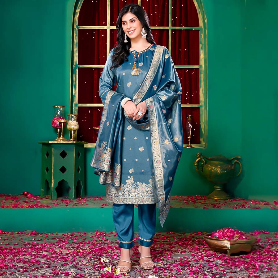 Blue Silk Jacquard Casual Wear Salwar Kameez