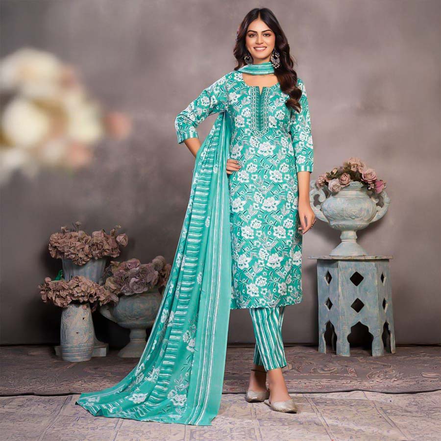 Cyan Cotton Casual Wear Salwar Kameez
