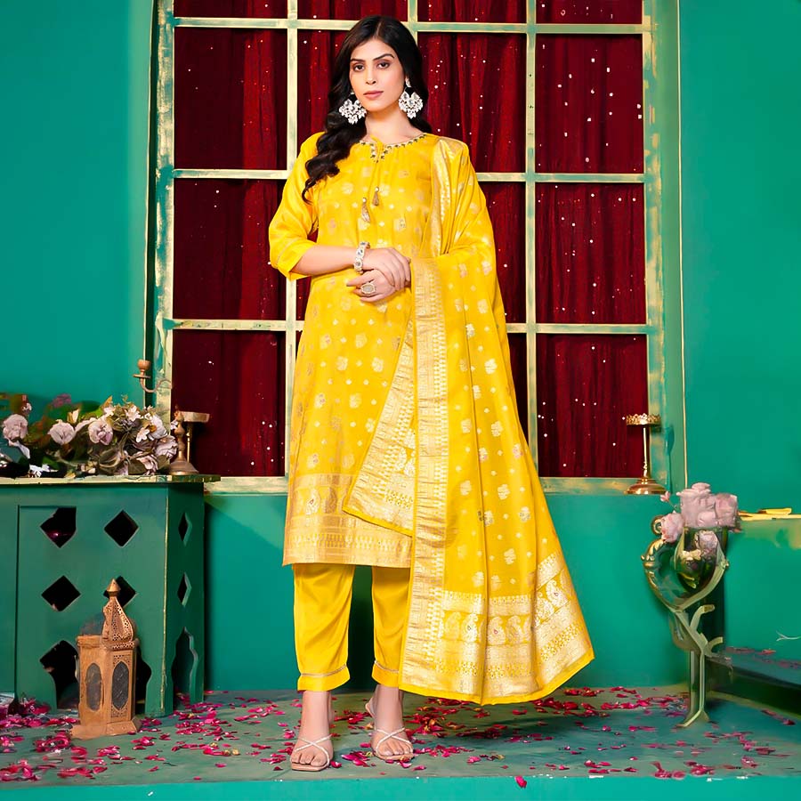 Yellow Silk Jacquard Casual Wear Salwar Kameez