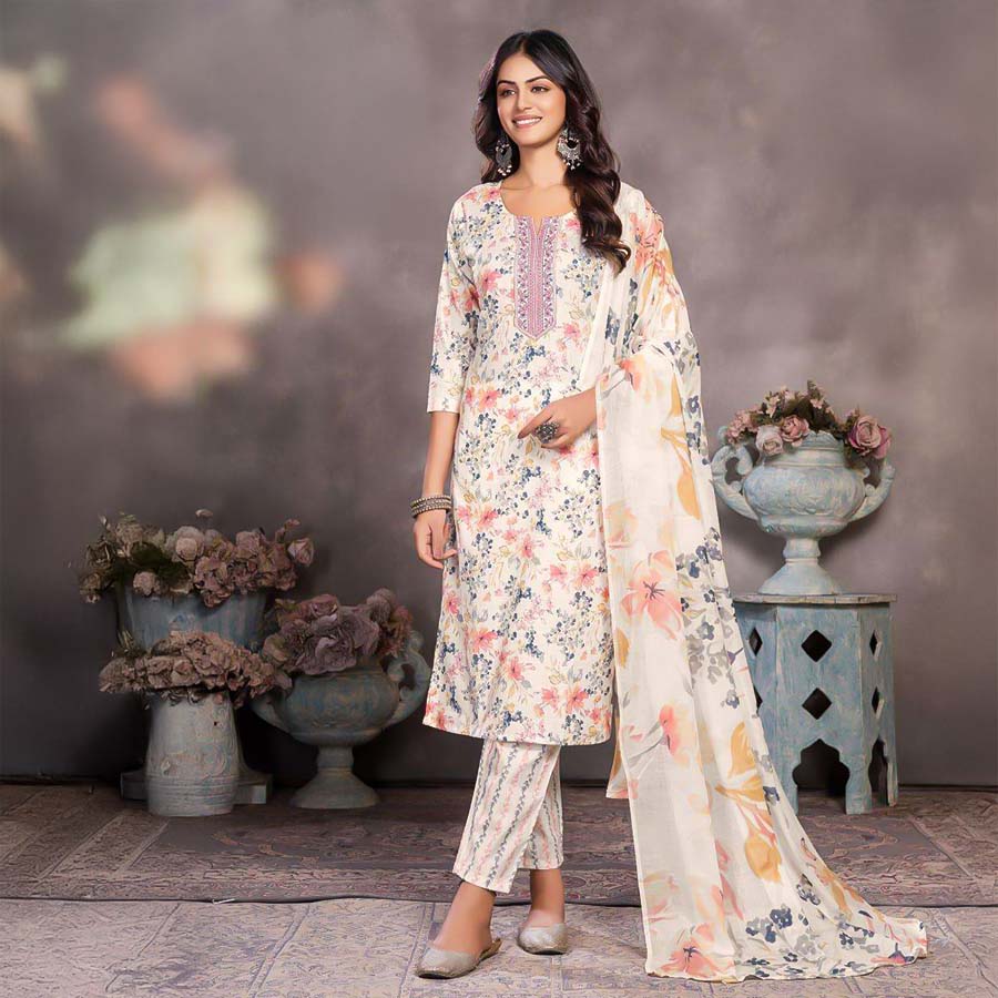 White Cotton Casual Wear Salwar Kameez