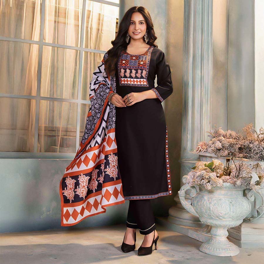 Black Rayon Casual Wear Salwar Kameez