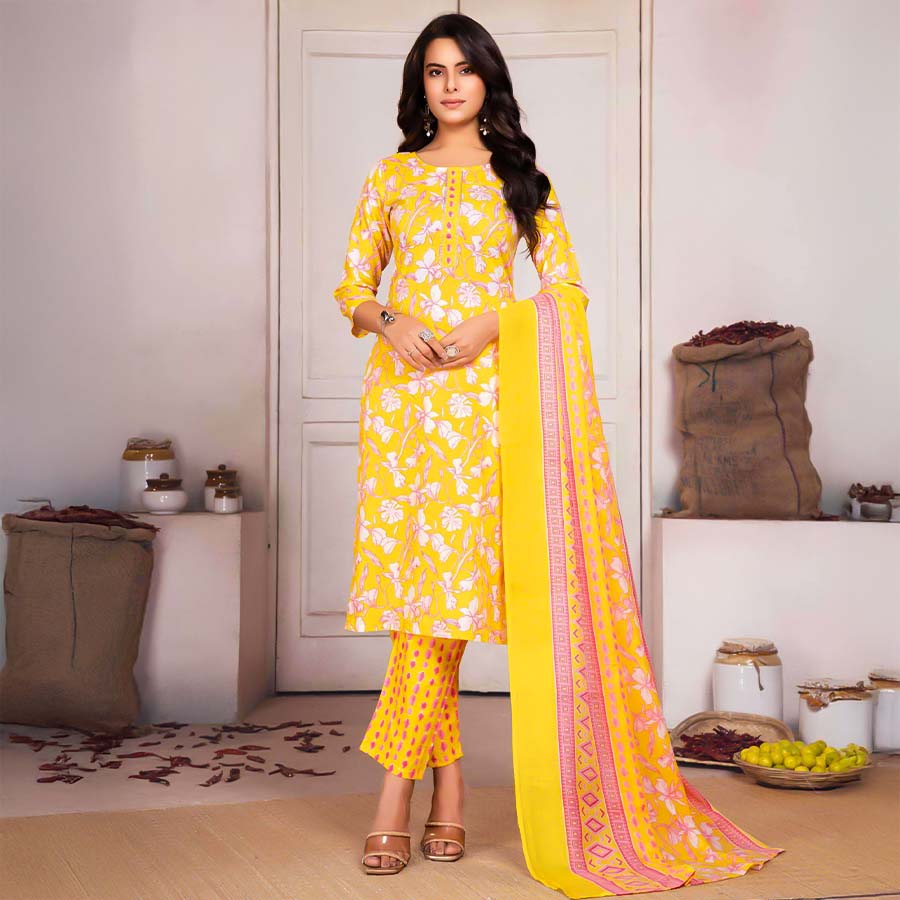 Yellow  Cotton Casual Wear Salwar Kameez