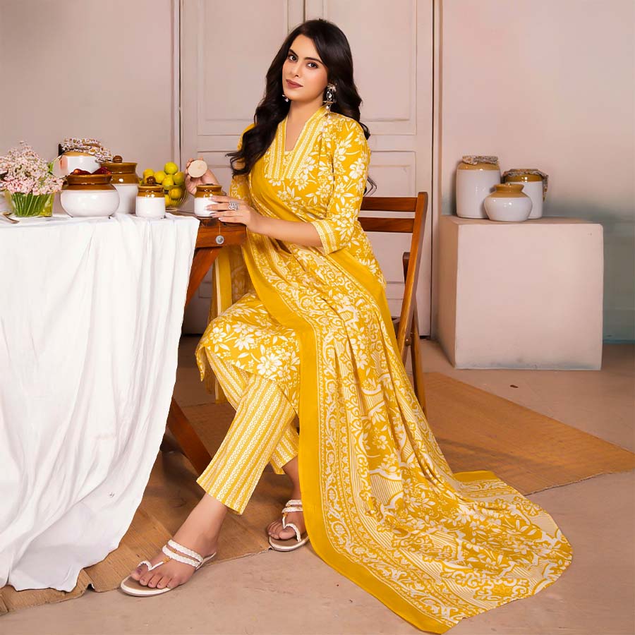 Yellow Cotton Casual Wear Salwar Kameez