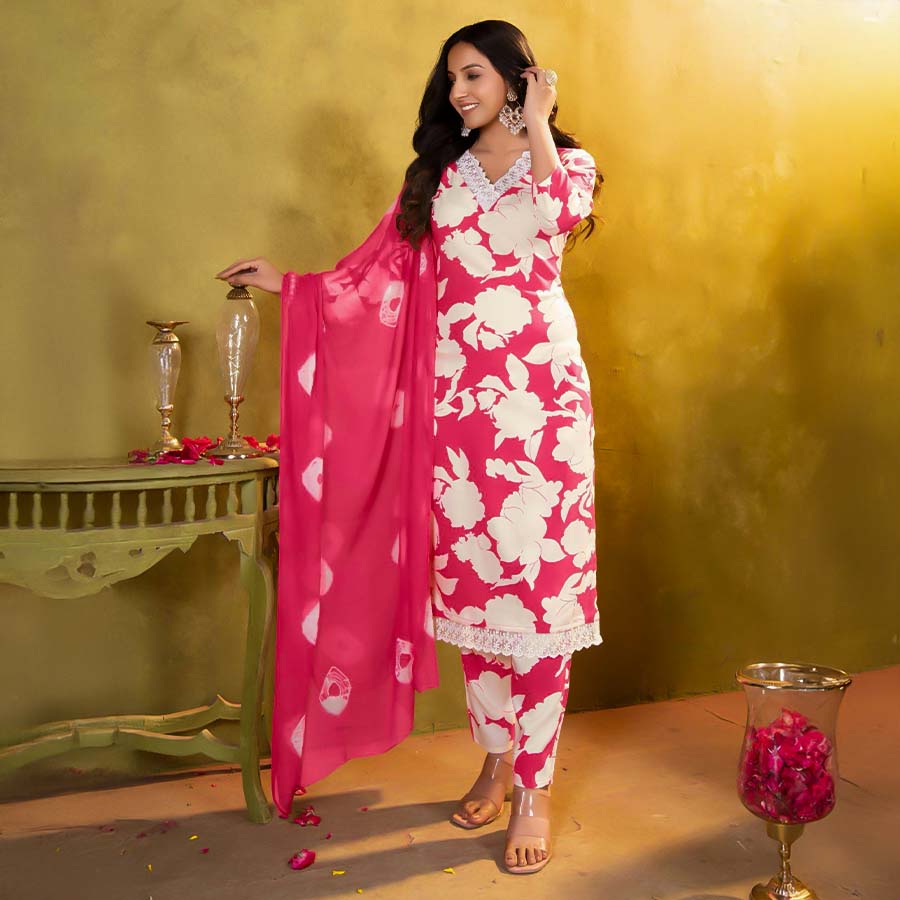 Red  Rayon Printed Salwar Kameez