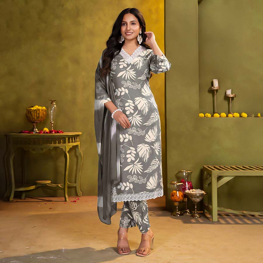 Grey Rayon Printed Salwar Kameez