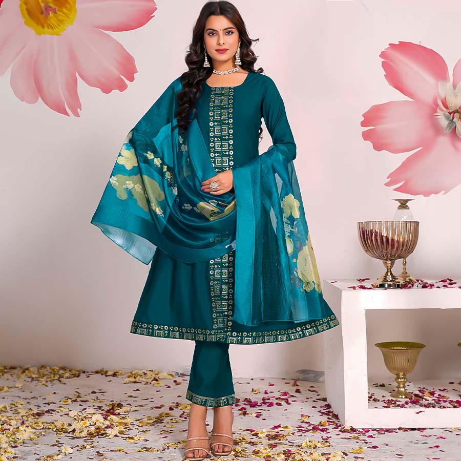 Cyan Roman Silk Casual Wear Salwar Kameez