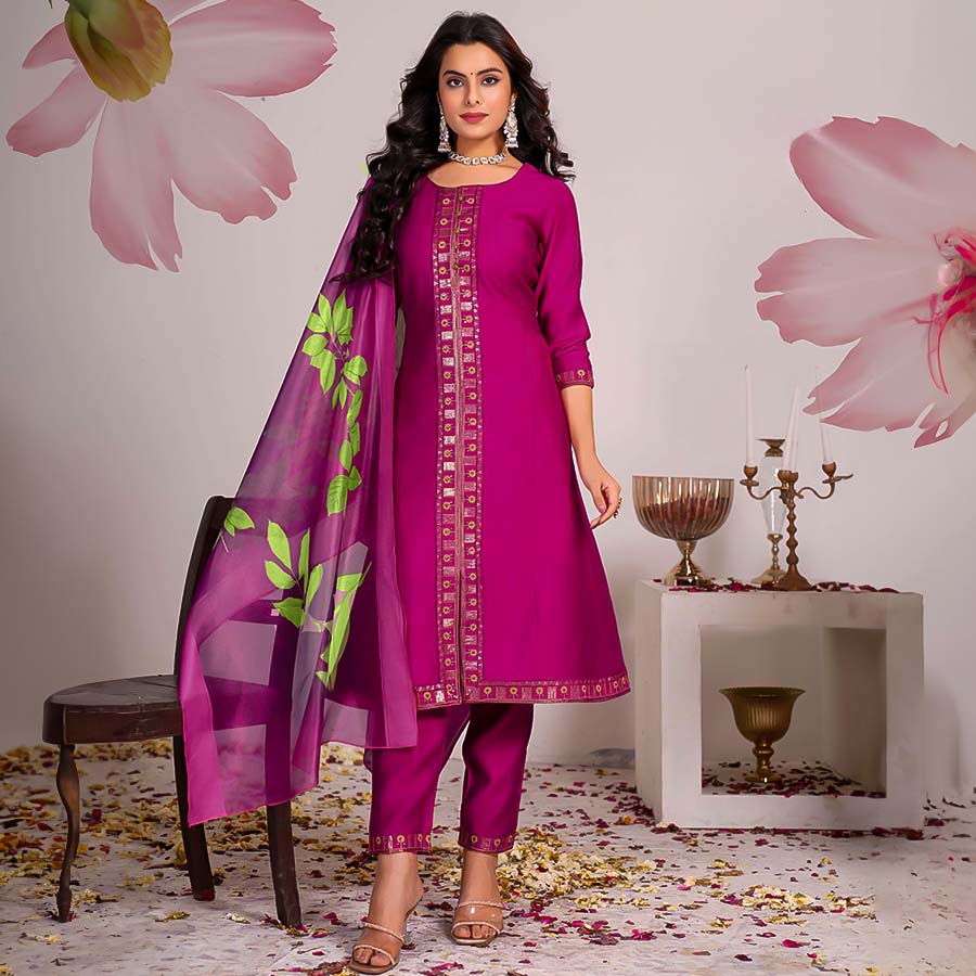 Red Roman Silk Casual Wear Salwar Kameez