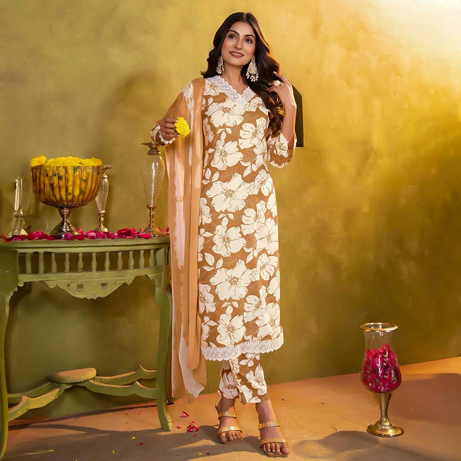Brown Rayon Printed Salwar Kameez