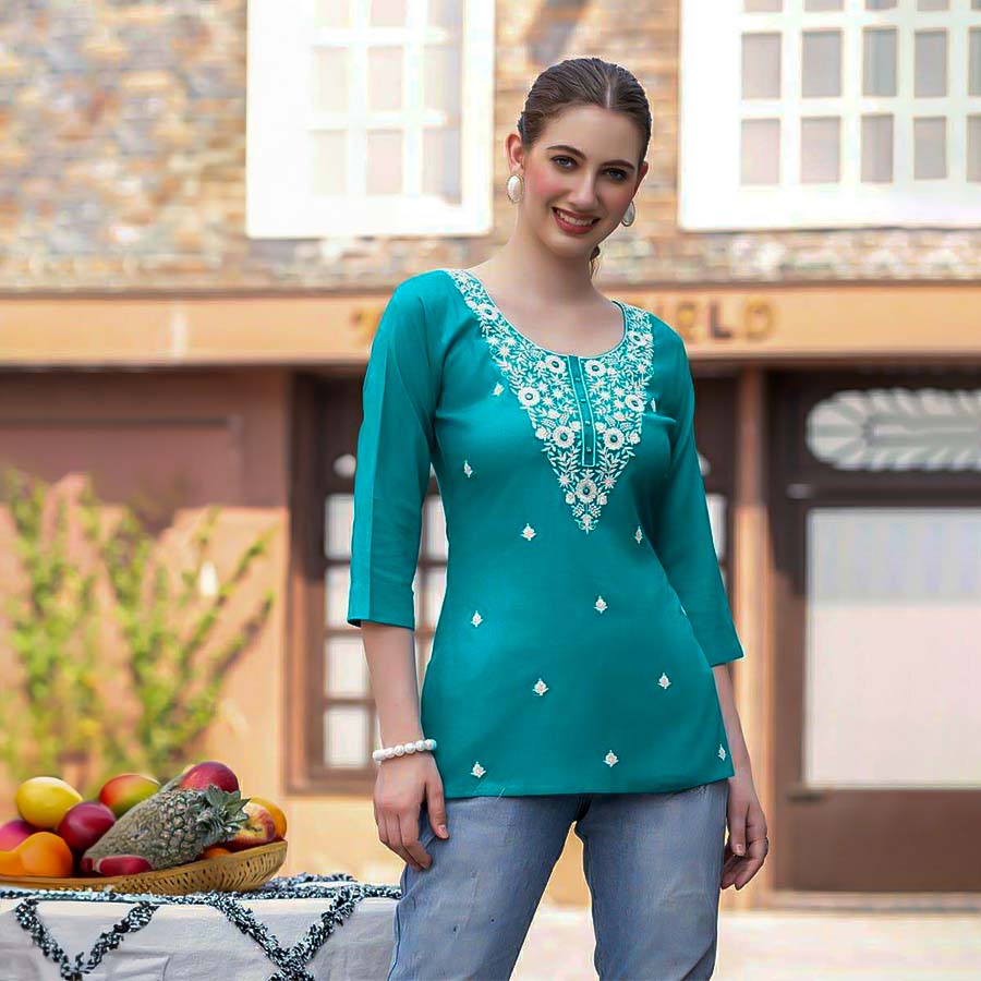 Cyan Rayon Casual Wear Kurti