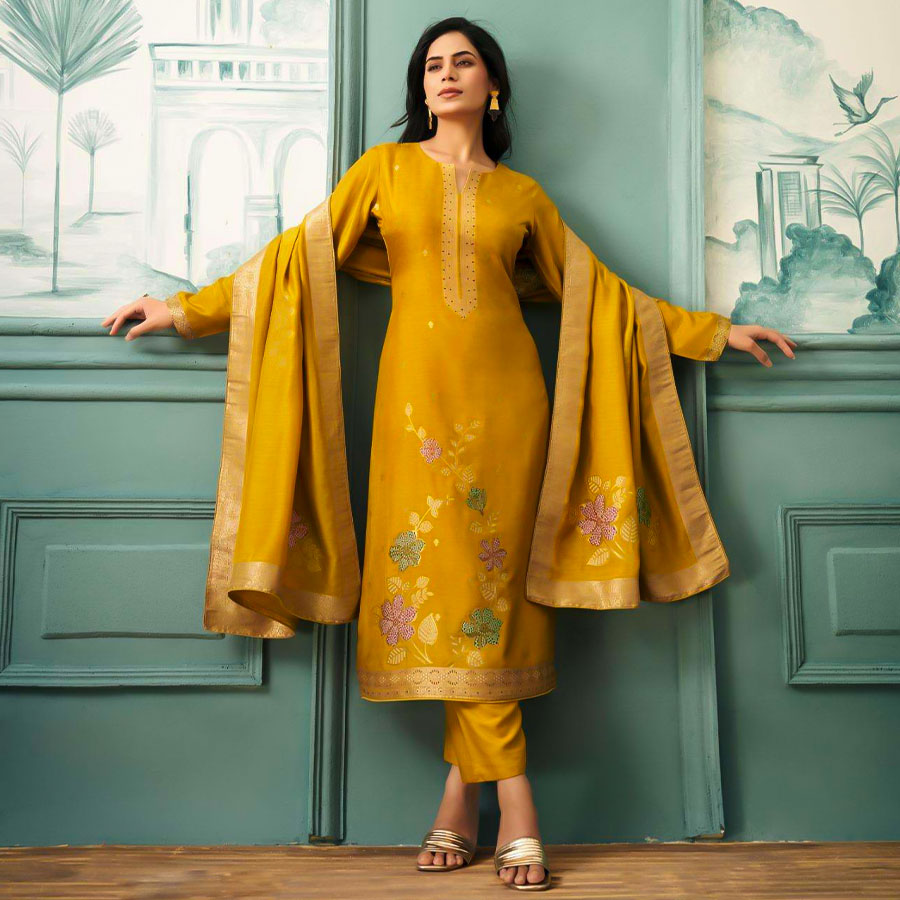 Yellow Bemberg Muslin Casual Wear Salwar Kameez