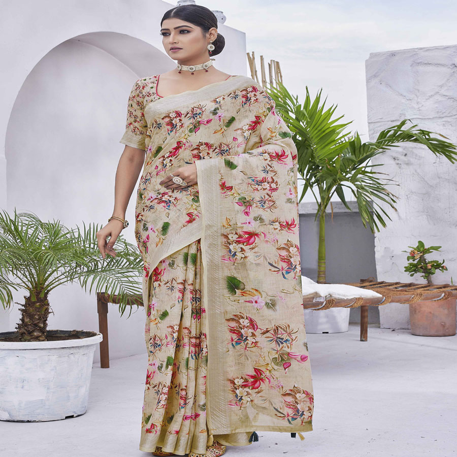 Cream Linen Blend Printed Saree