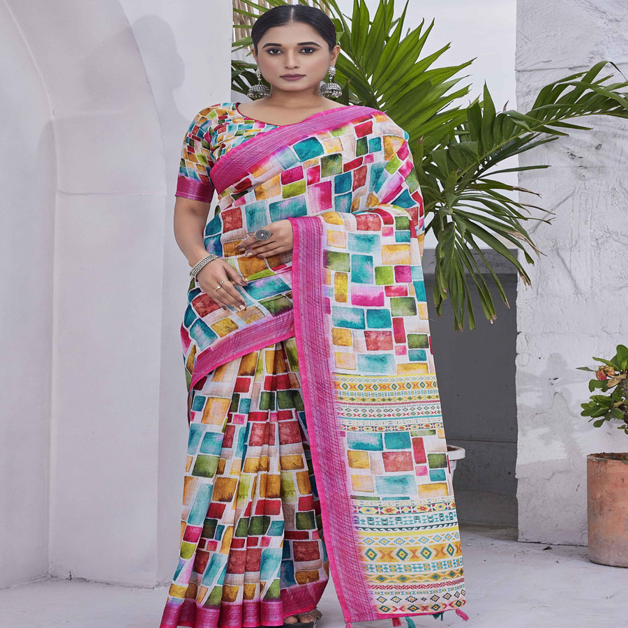 Multi colour Linen Blend Printed Saree