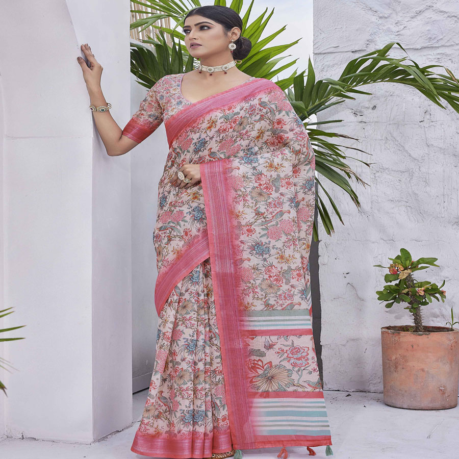 Multi colour Linen Blend Printed Saree