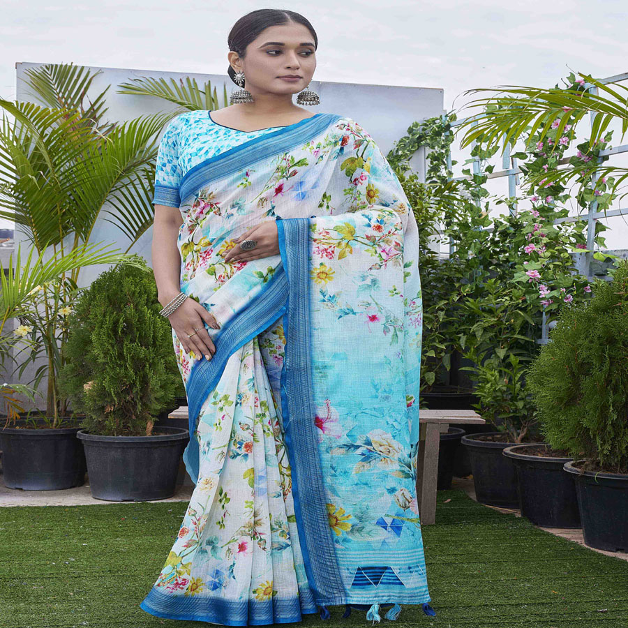 Multi colour Linen Blend Printed Saree