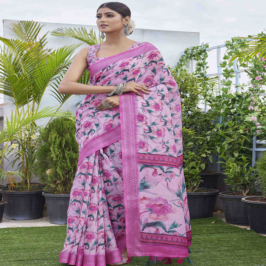 Multi colour Linen Blend Printed Saree