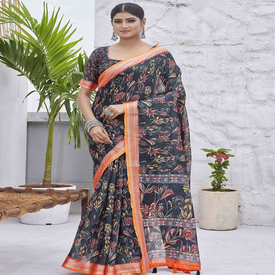 Multi colour Linen Blend Printed Saree