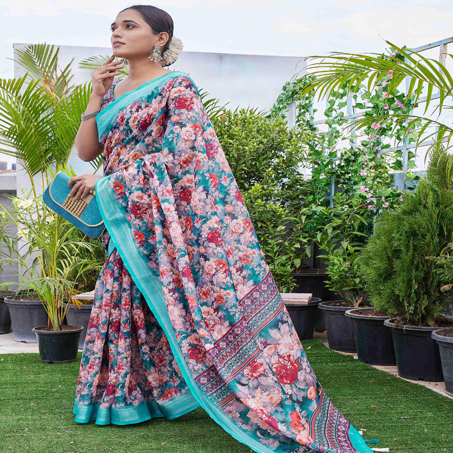 Multi colour Linen Blend Printed Saree