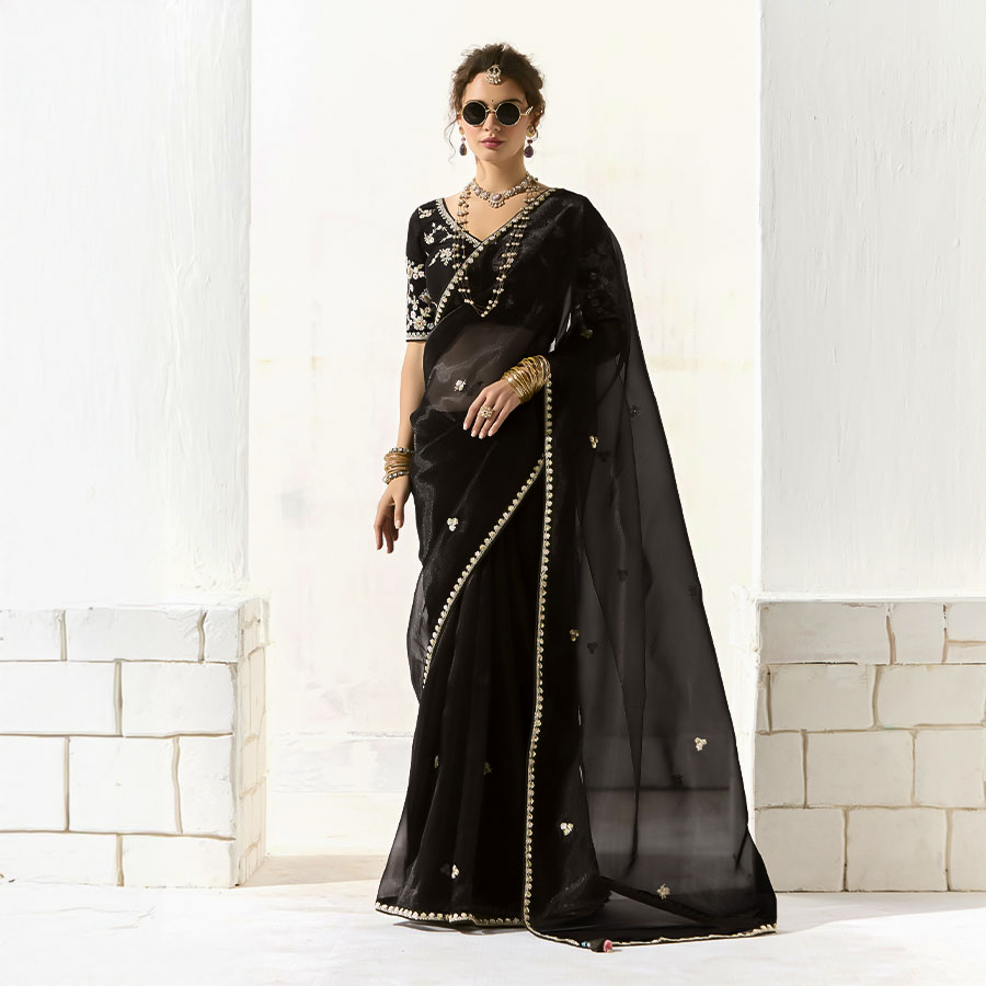 Black  Organza Tissue Party Wear Saree