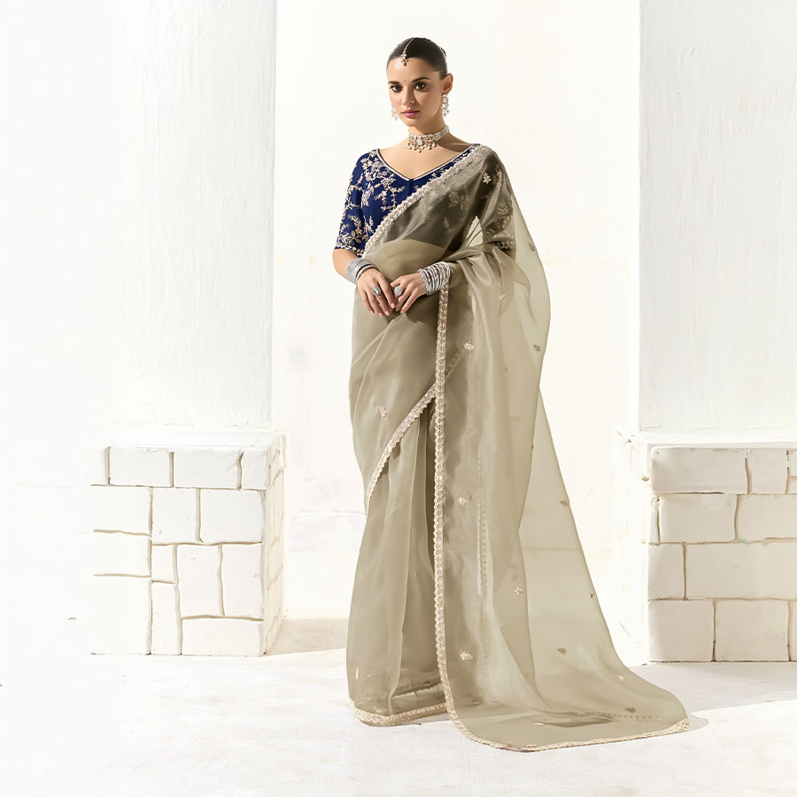 Grey  Organza Tissue Party Wear Saree