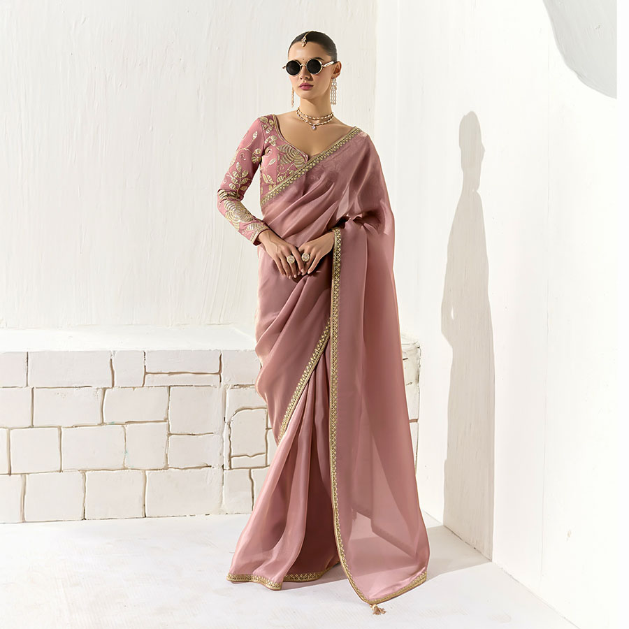 Pink  Organza Tissue Party Wear Saree