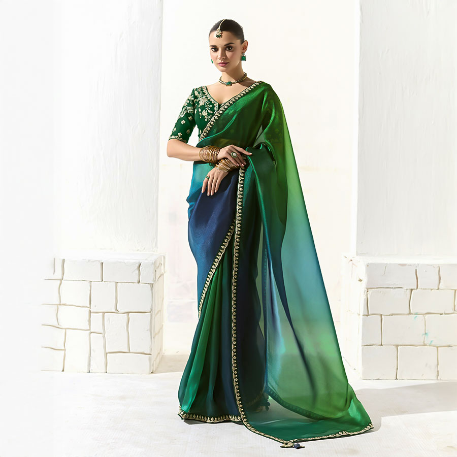 Green  Organza Tissue Party Wear Saree